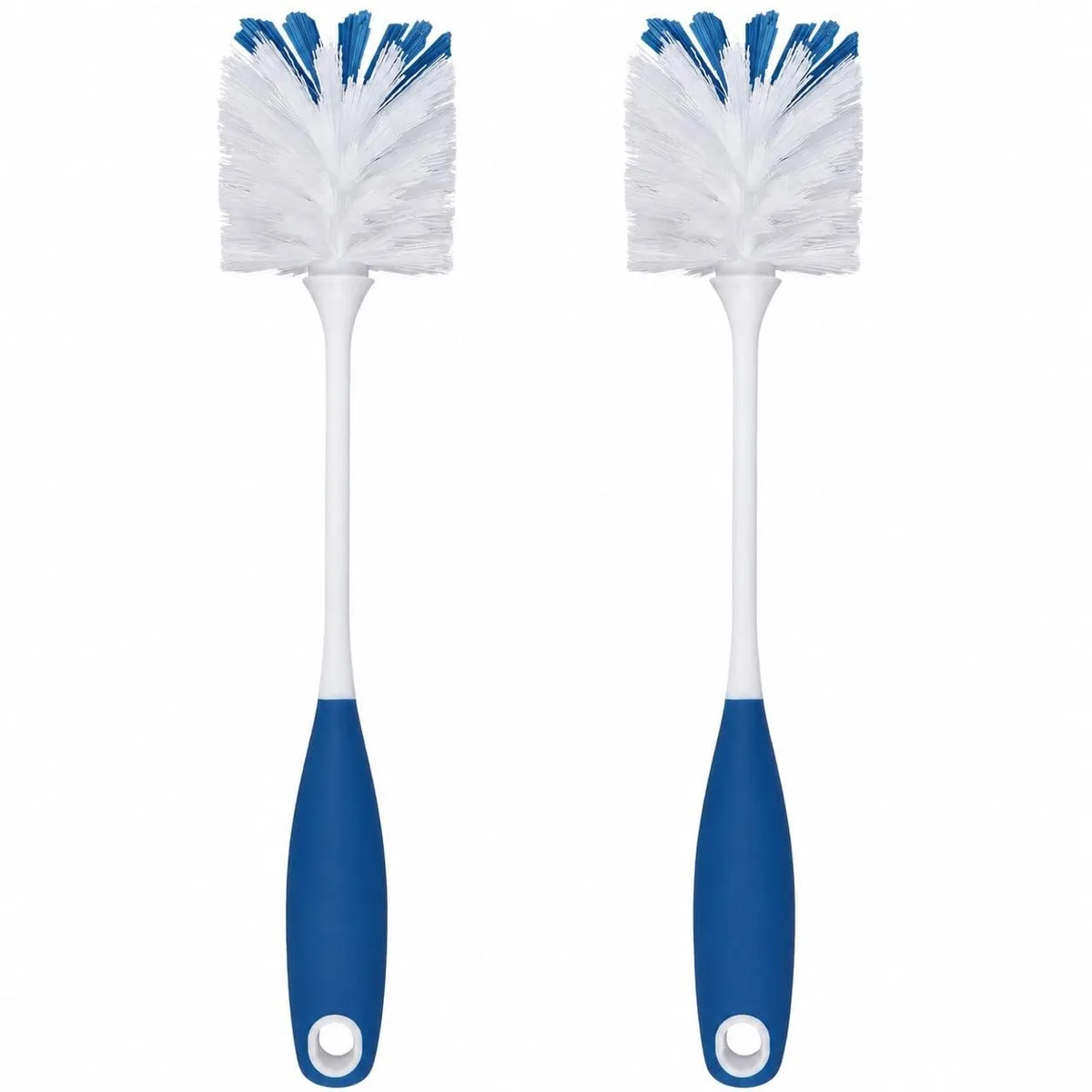 Two blue bottle brushes with long handles and nylon bristles