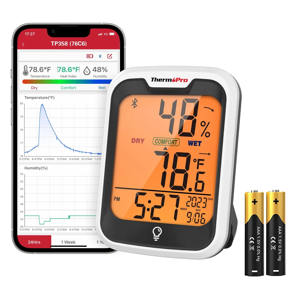 Black rectangular thermometer with backlit LCD display showing temperature humidity and clock
