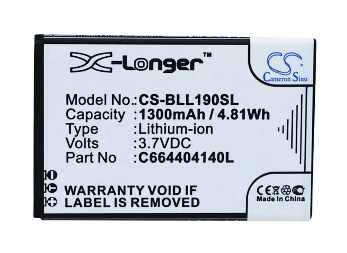 Rectangular Cameron Sino replacement battery, dark casing with label