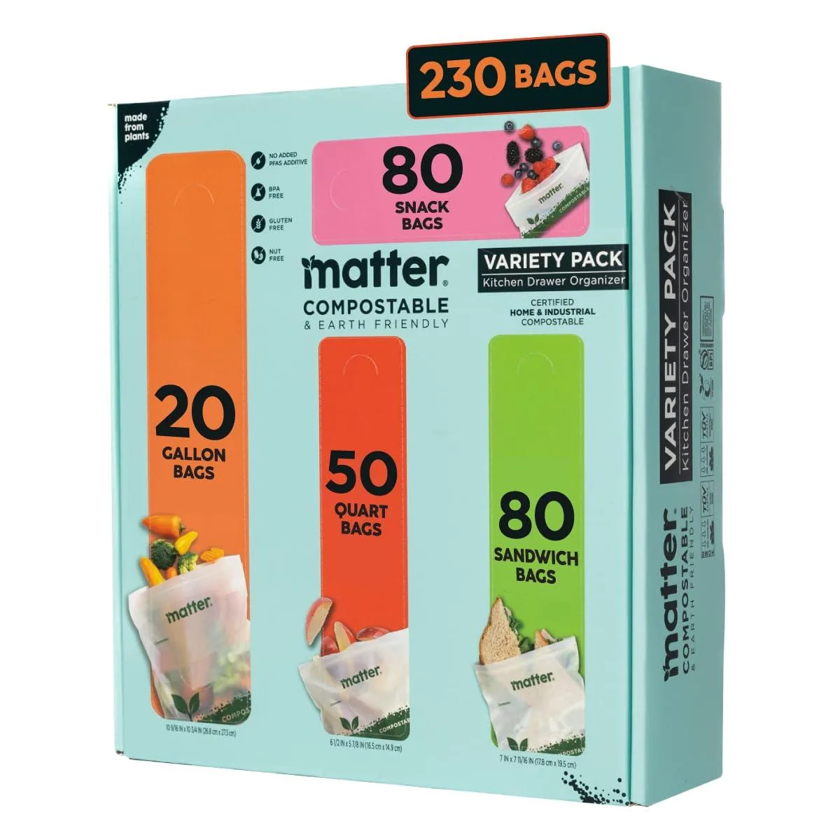 Red rectangular organiser box holding 230 assorted compostable bags