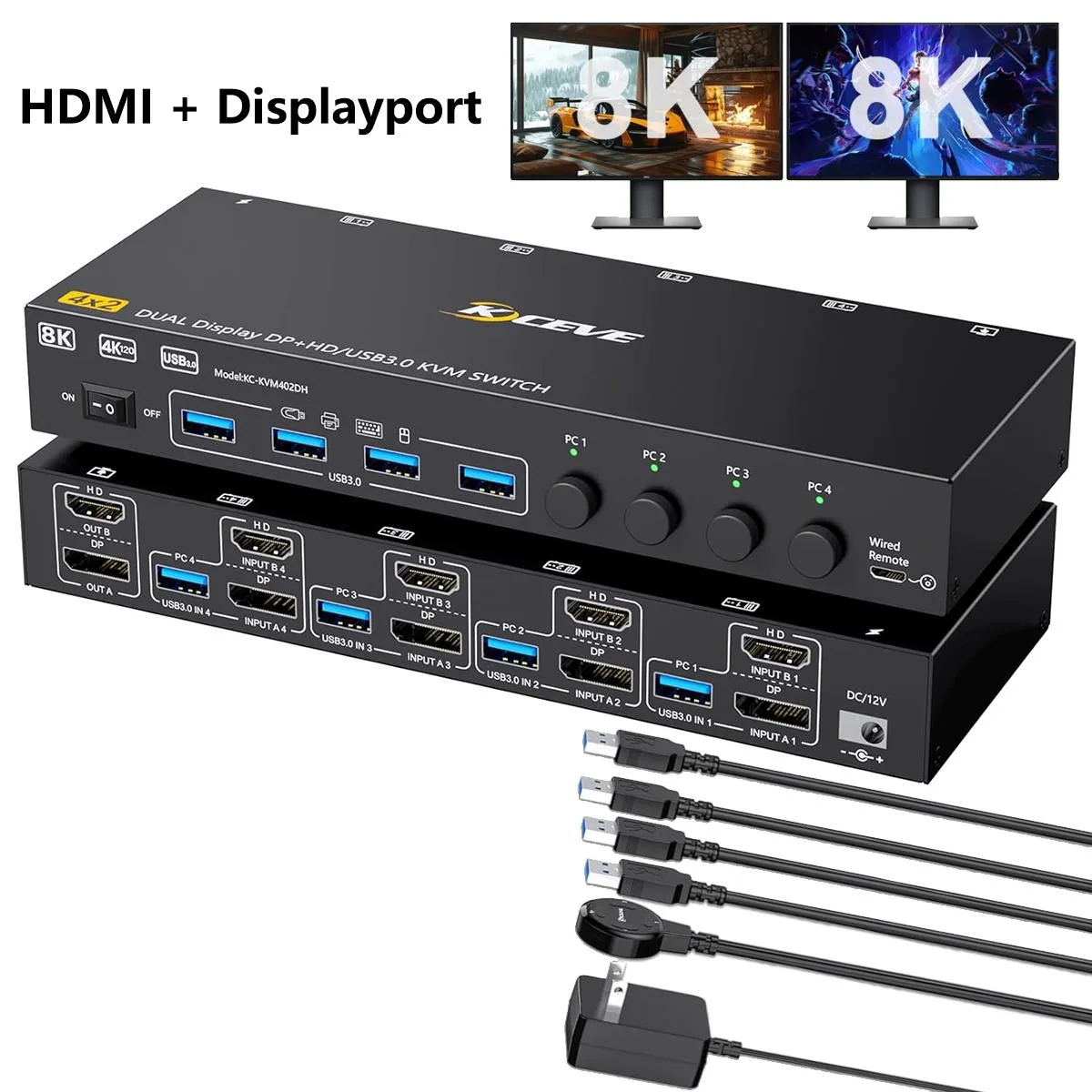 IHDAPP IHDAPP HDMI + DisplayPort KVM Switch 4 Computers 2 Monitors 8K@60Hz 4K@144Hz USB 3.0 Wired Remote — product photo