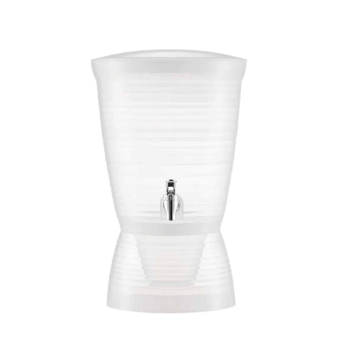 Semi-transparent cylindrical drink dispenser with spigot and ice chamber, 10.4 by 16.5 inches