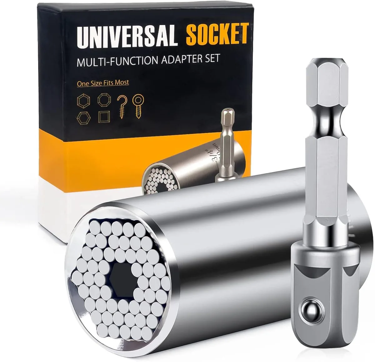 Silver universal socket wrench with 54 spring pins and drill adapter