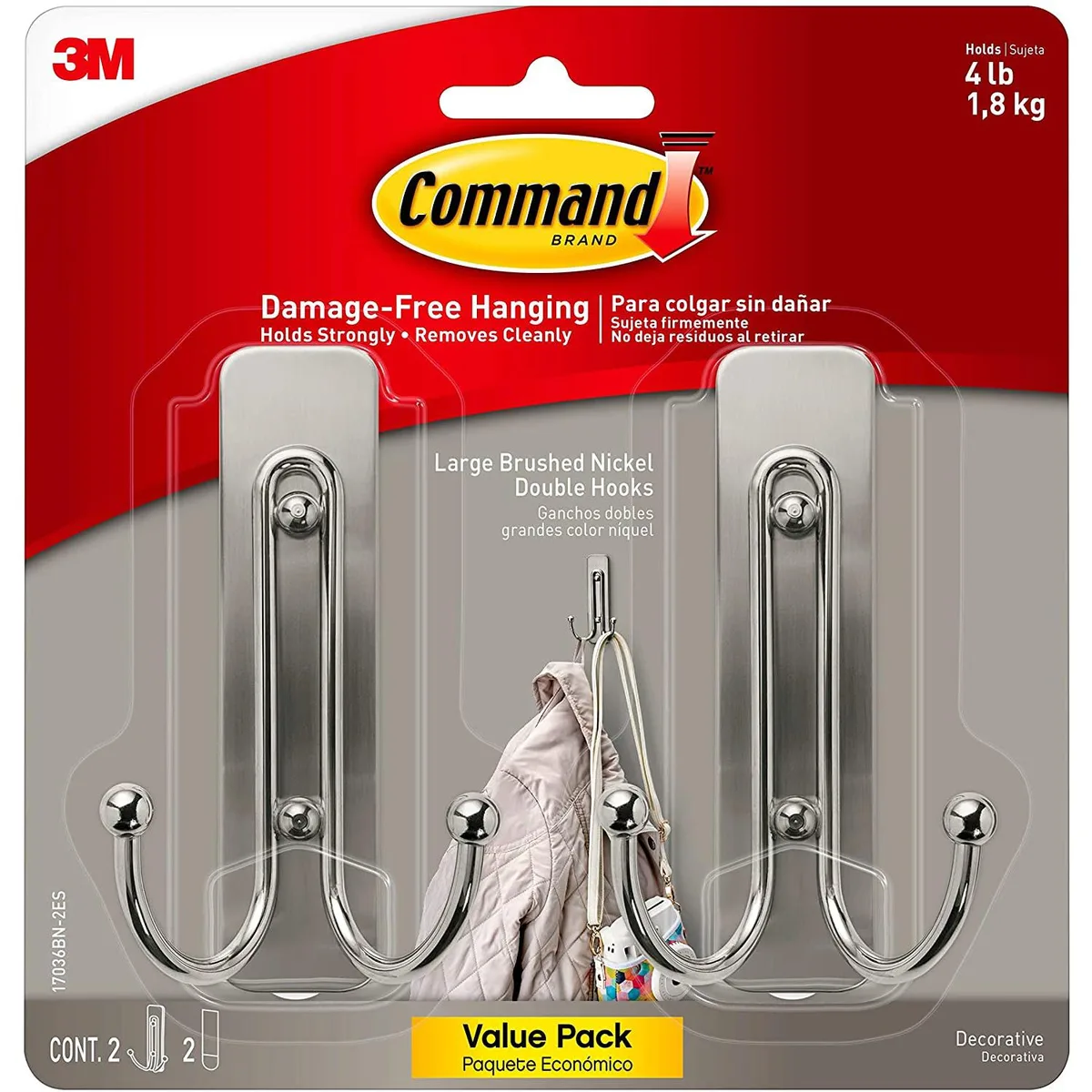 Two satin brass double hooks with adhesive backing