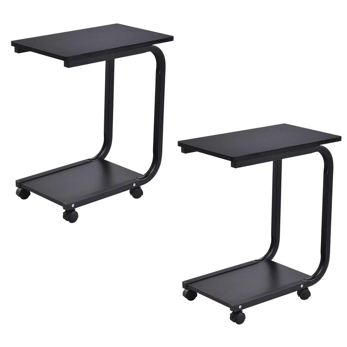 Two black U-shaped side tables on locking wheels, 20 by 12 by 24 inches