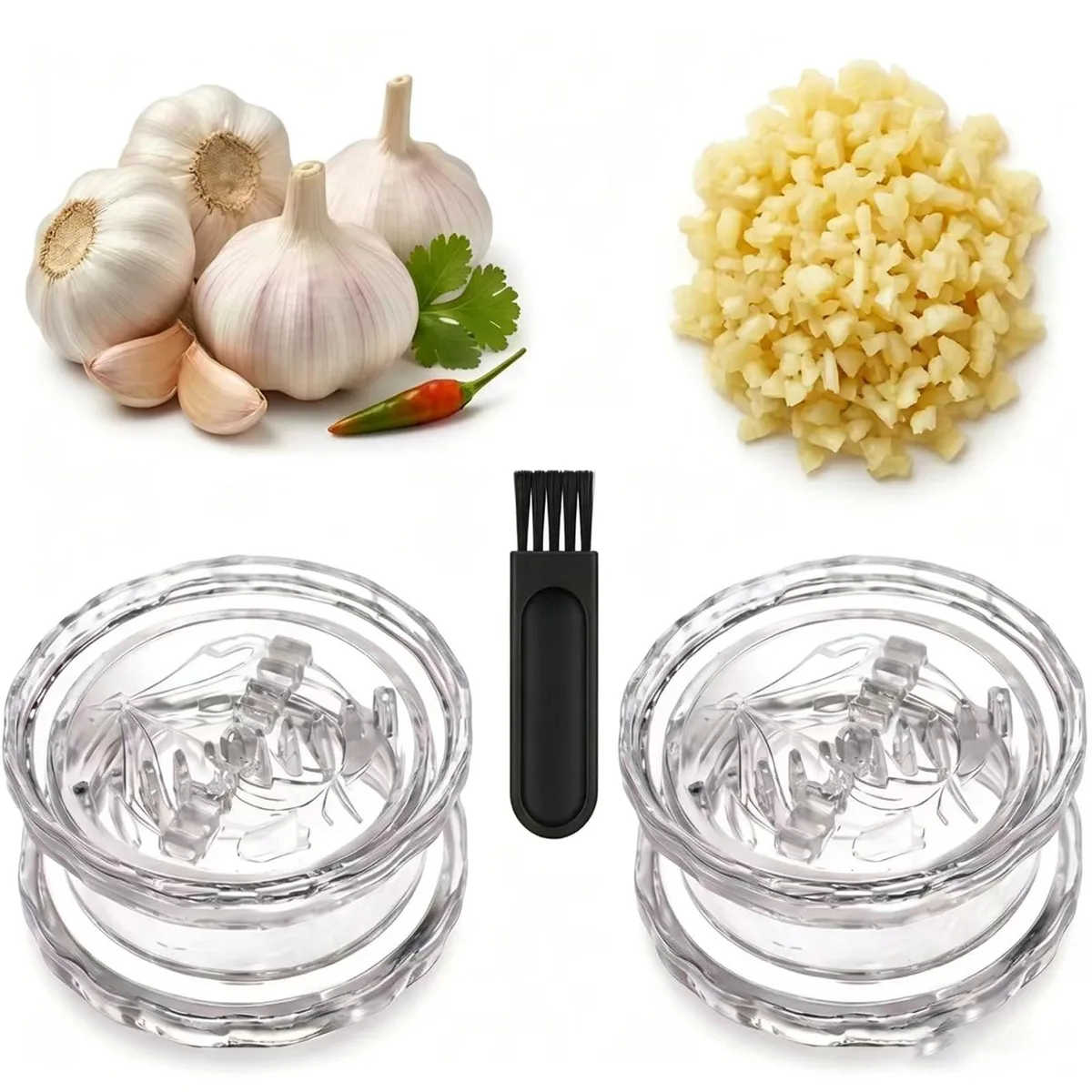 Two transparent plastic garlic twisters with lids and cleaning brushes, each 3.5 inches wide and 2.4 inches tall