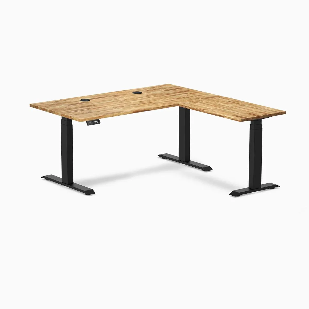 Desky Desky Hardwood L-Shape Sit Stand Desk Acacia 60 x 30 x 62 x 20 in Grommets Matte Black office furniture — product photo