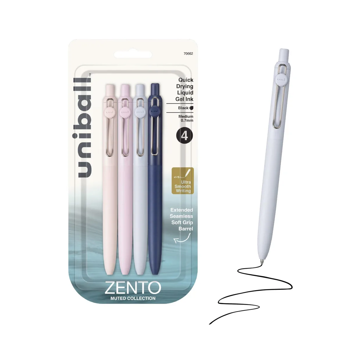 Four retractable gel pens in muted plastic barrels with spring clips