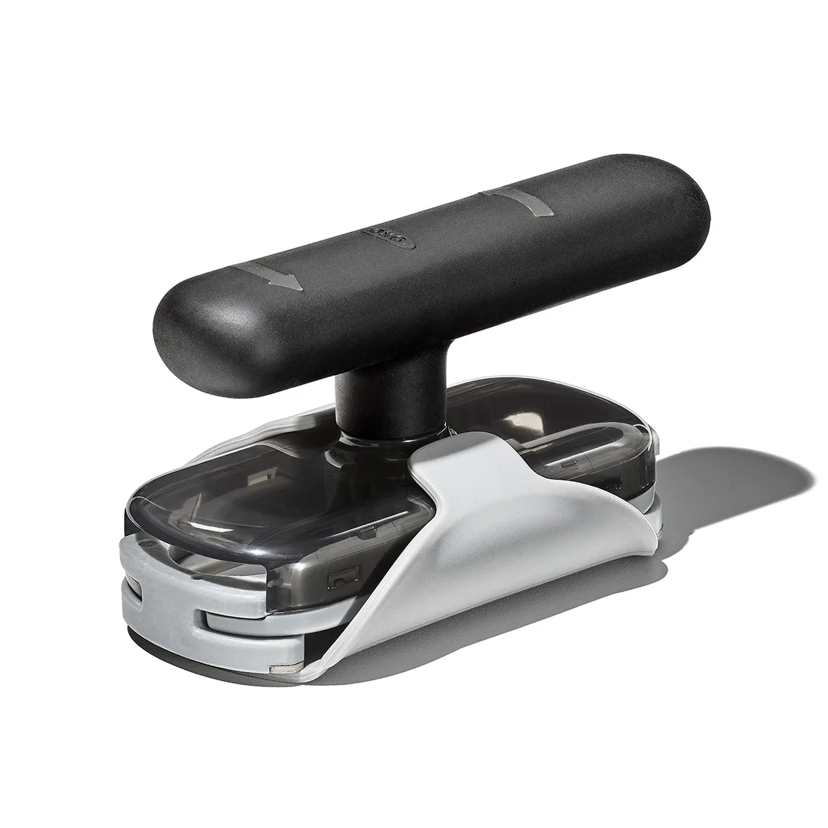 White plastic jar opener with black handle and non-slip base pad