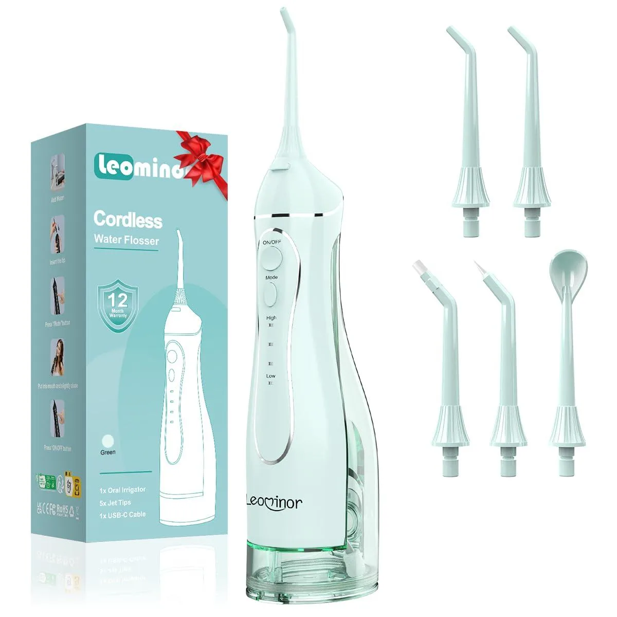White Waterpik C102 oral irrigator with removable 300ml tank, rechargeable base and multiple tips