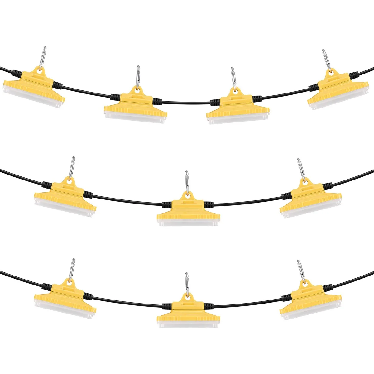 Yellow 100-foot string of ten LED work lights with D-shaped hooks