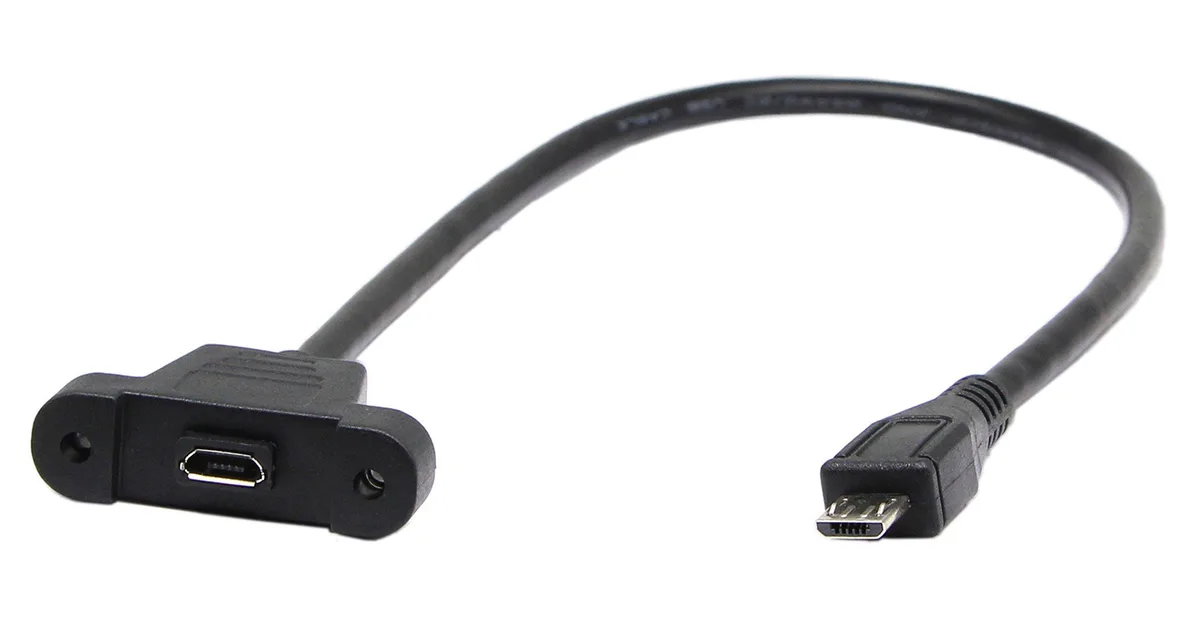 Black 30 cm panel-mount Micro USB male-to-female cable with screw-hole connectors