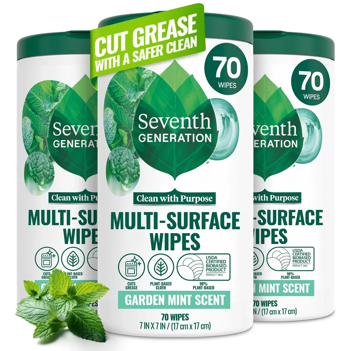 Three white rectangular canisters of multi-surface cleaning wipes, garden mint scent