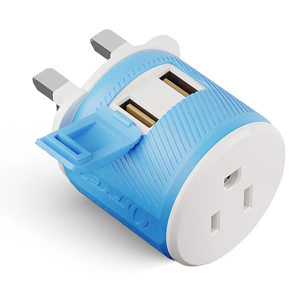 Compact blue Type G travel adapter with dual USB ports, accepts US flat-pin plugs