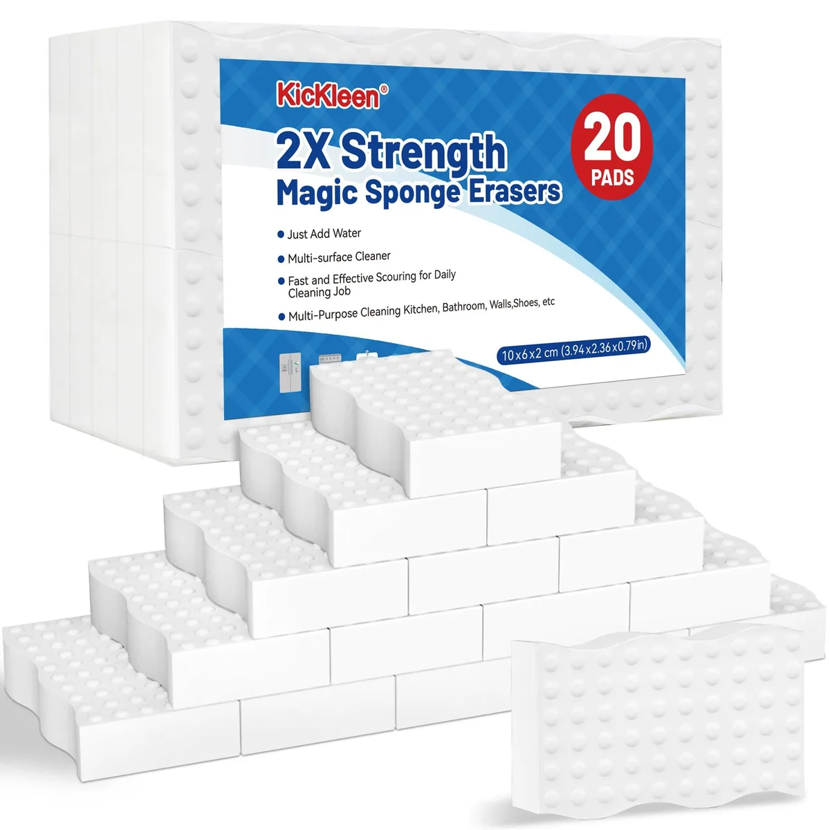Twenty white rectangular melamine cleaning sponges in a pack