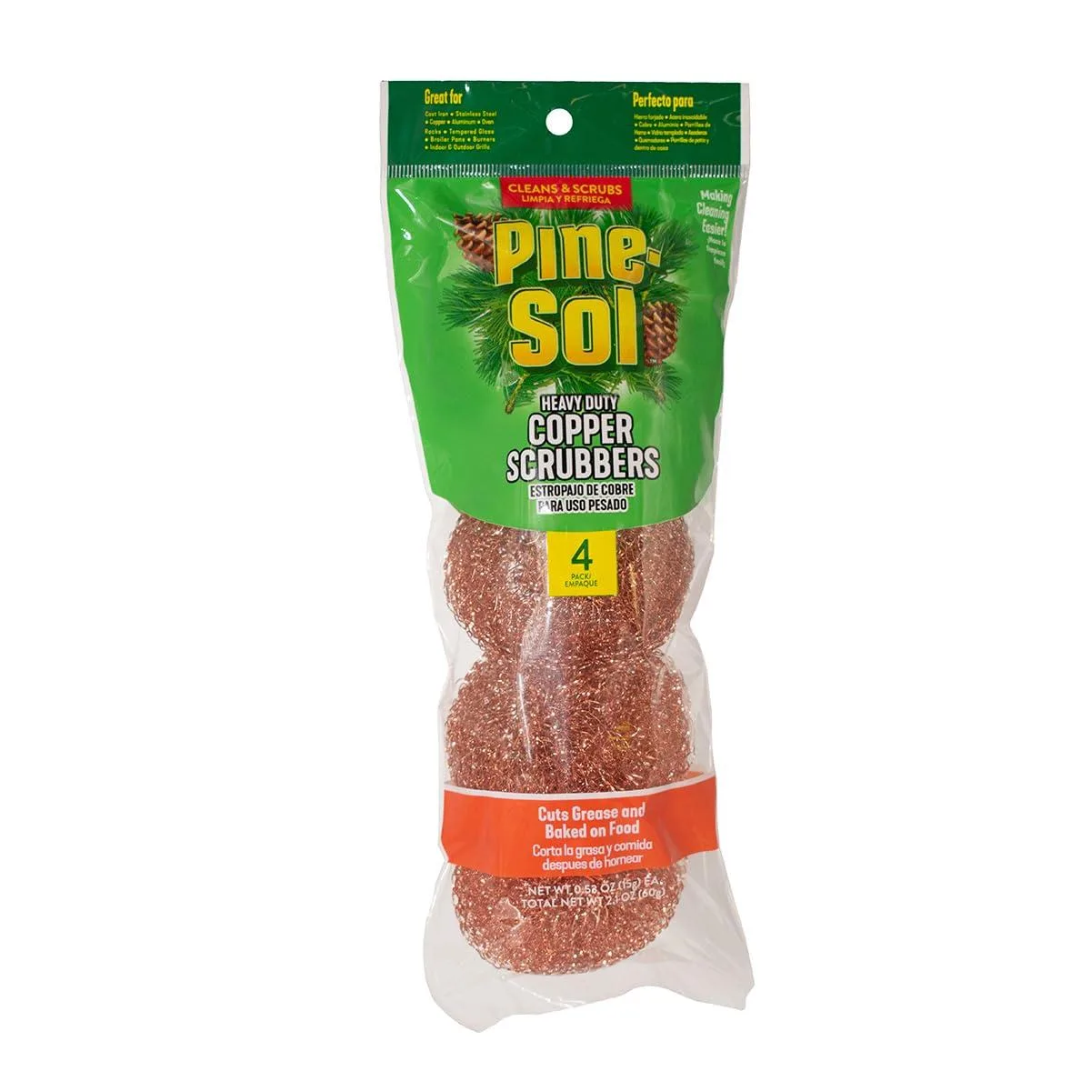 Four copper-coated metal scrubbers in a pack