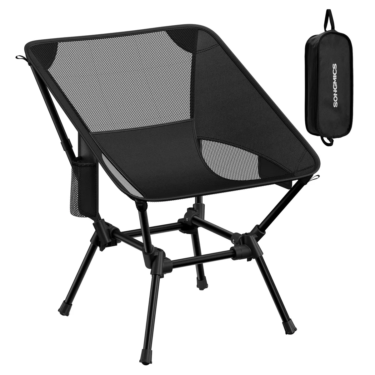Black folding camp chair with steel frame, mesh backrest, side pockets and carry bag