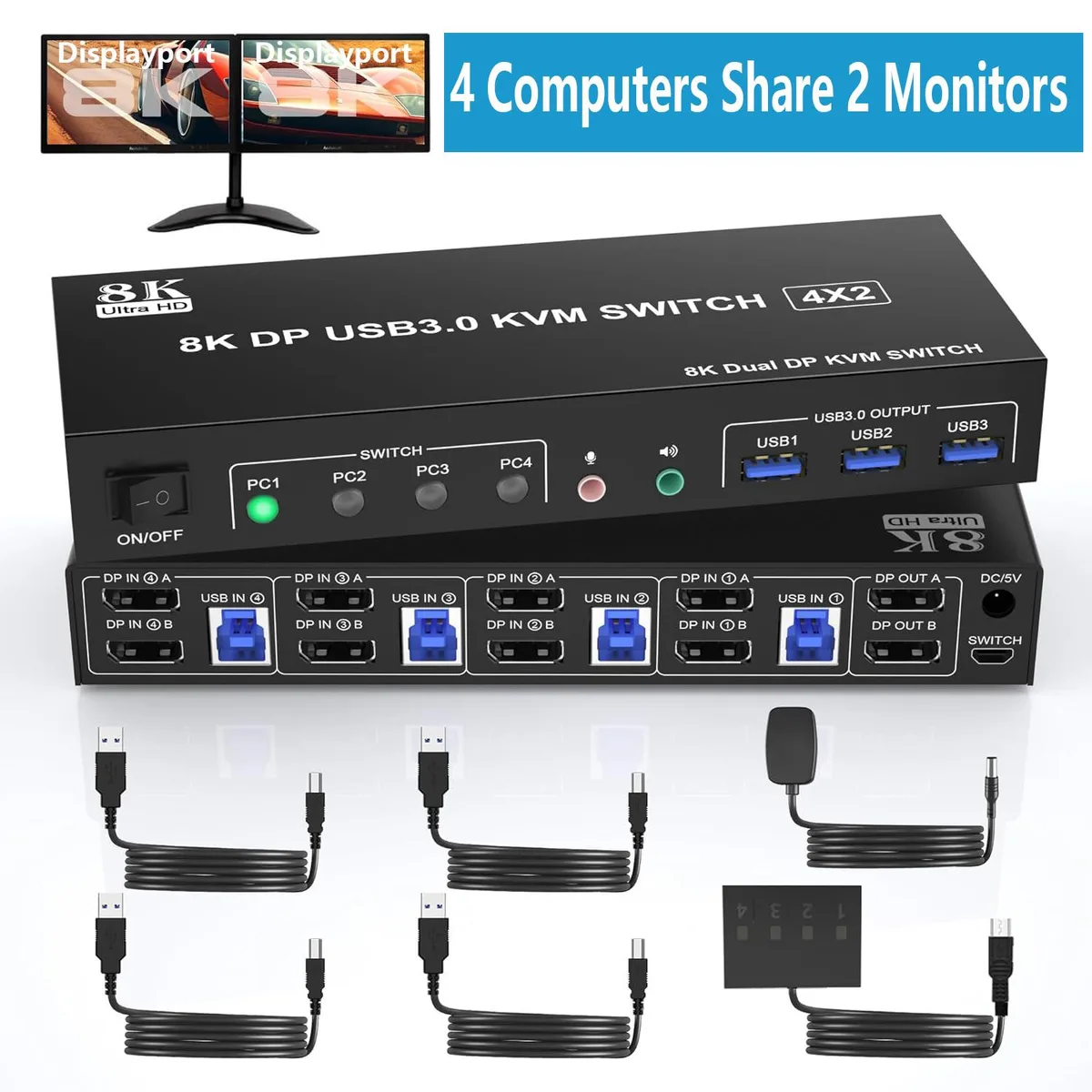 IHDAPP IHDAPP 4x2 DisplayPort KVM Switch 8K@60Hz 4K@144Hz DP1.4 Dual Monitor — product photo