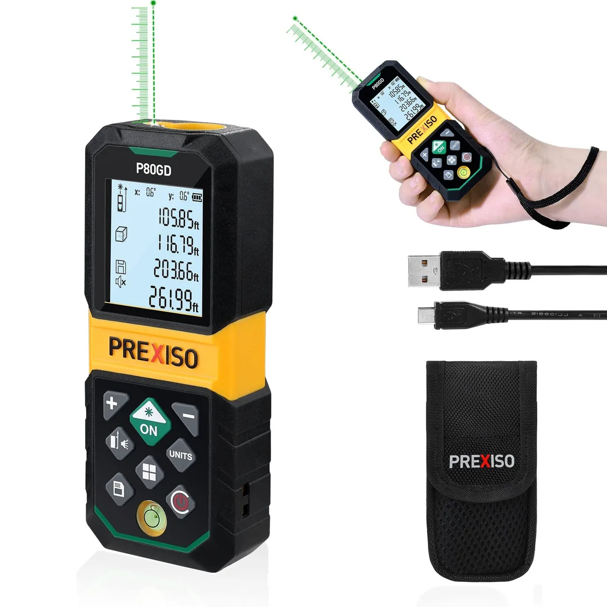  PREXISO Laser Measure 265ft Green Beam Rechargeable — product photo