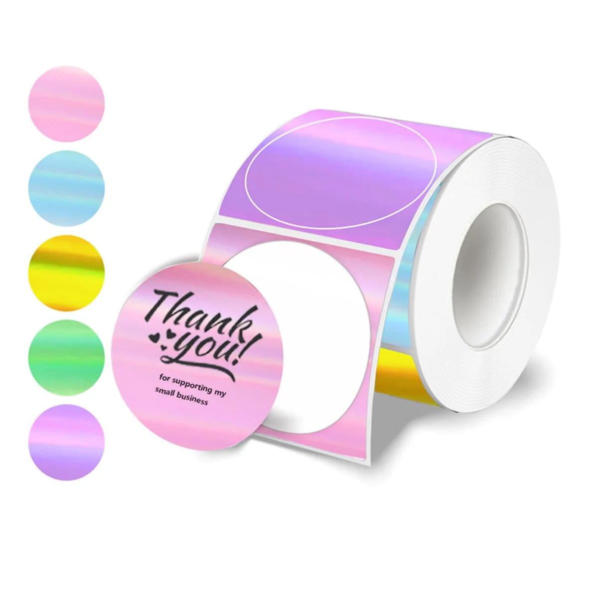 A roll of 140 round holographic thermal labels with rainbow finish