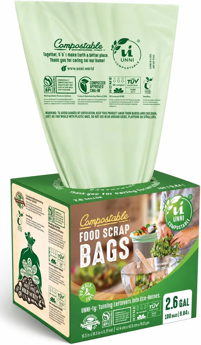 Green compostable bag roll, 2.6 gallon capacity, 100 count pack