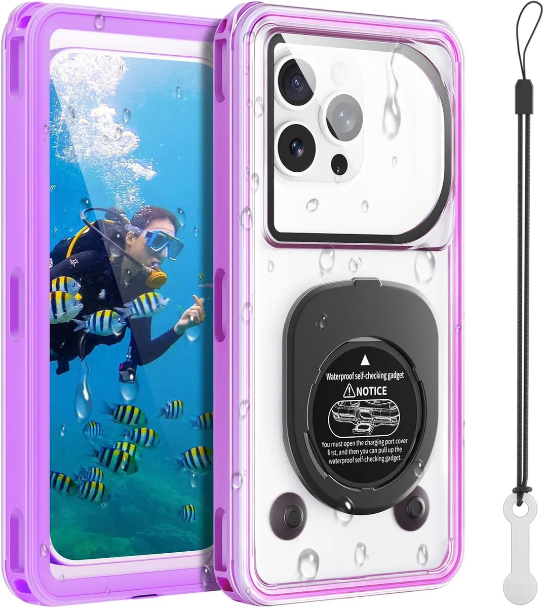 Purple waterproof phone pouch with clear window and lanyard