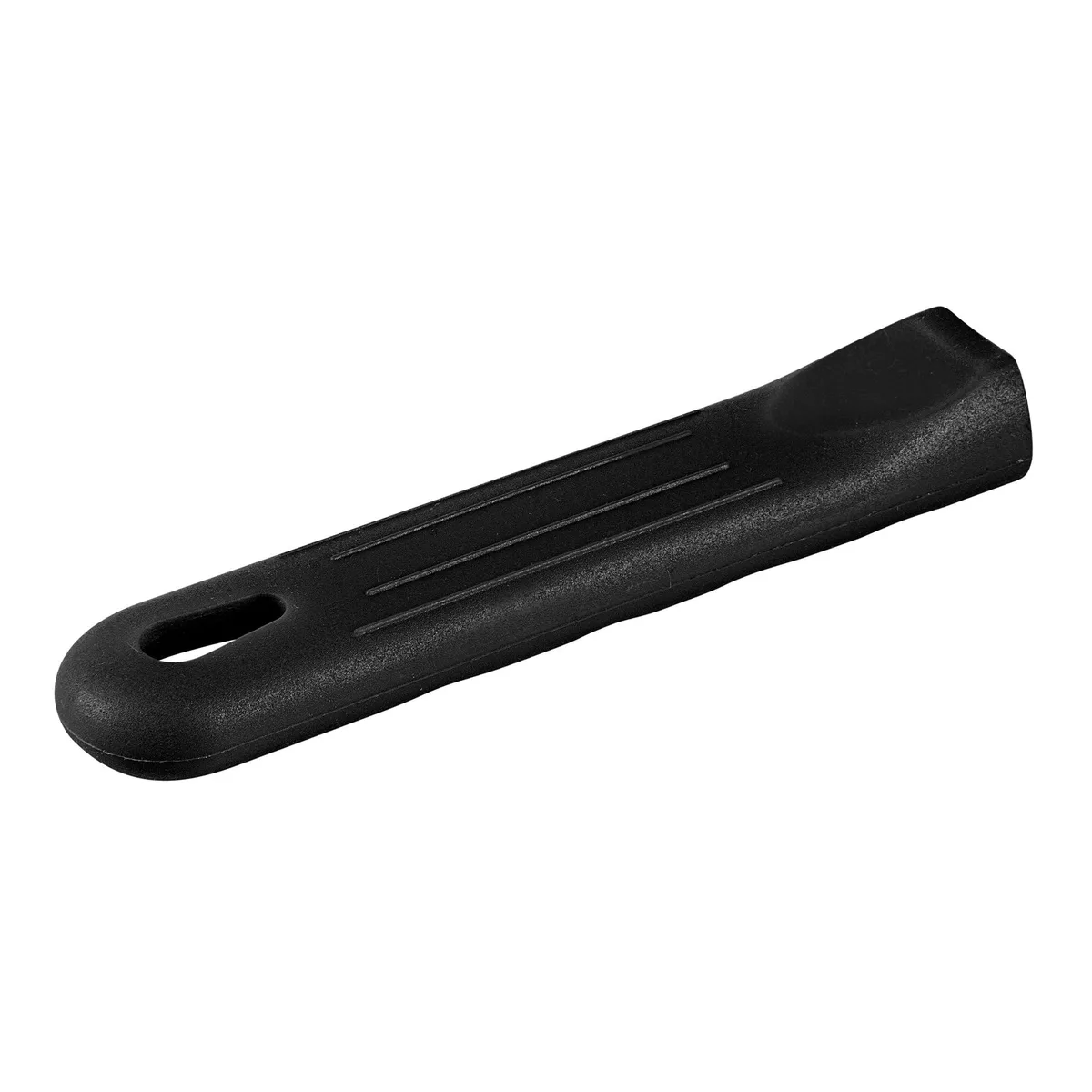 Black silicone pan handle sleeve with molded grip and hanging loop