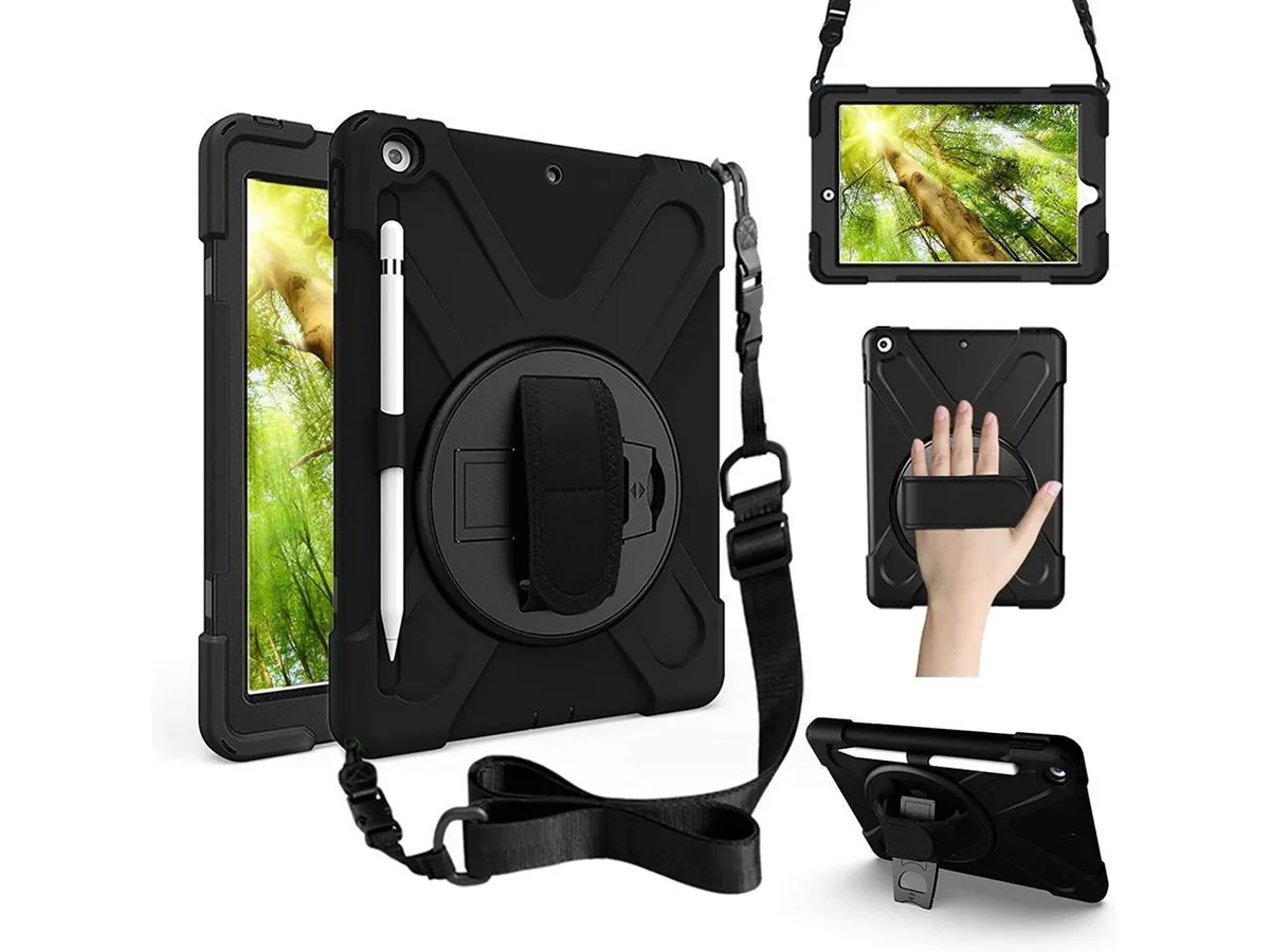 Black protective case for 10.2 inch iPad with rotating kickstand, pencil holder, hand strap and shoulder strap