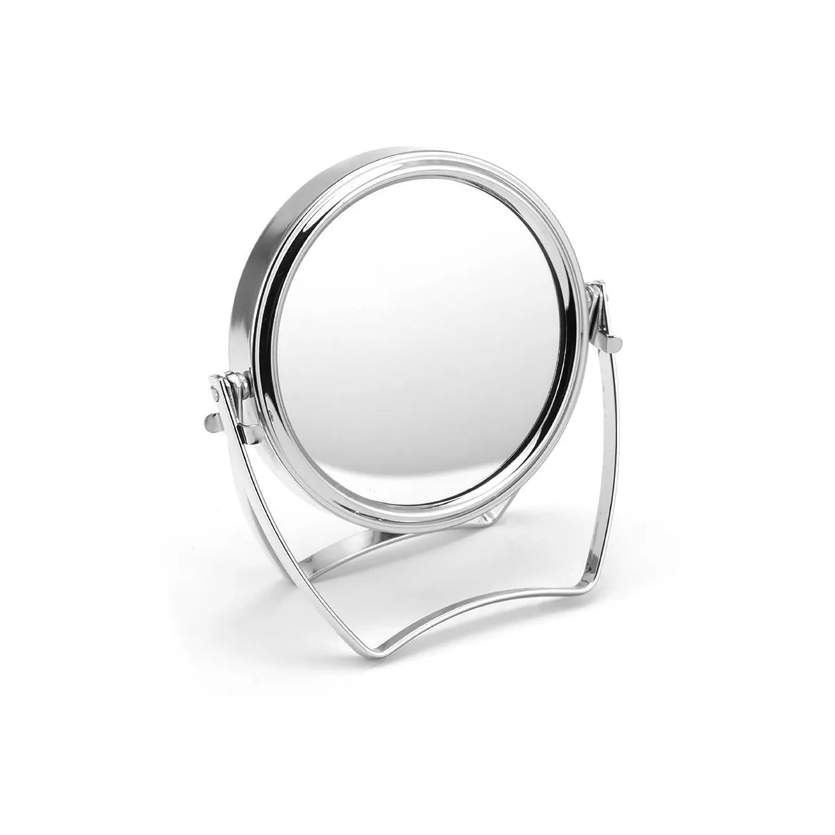 Silver round double-sided mirror with handle and 360 swivel
