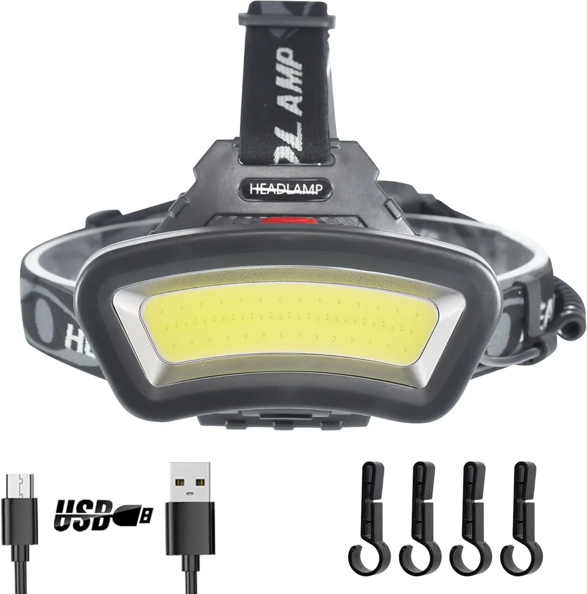 Black COB arc headlamp with adjustable strap and USB port