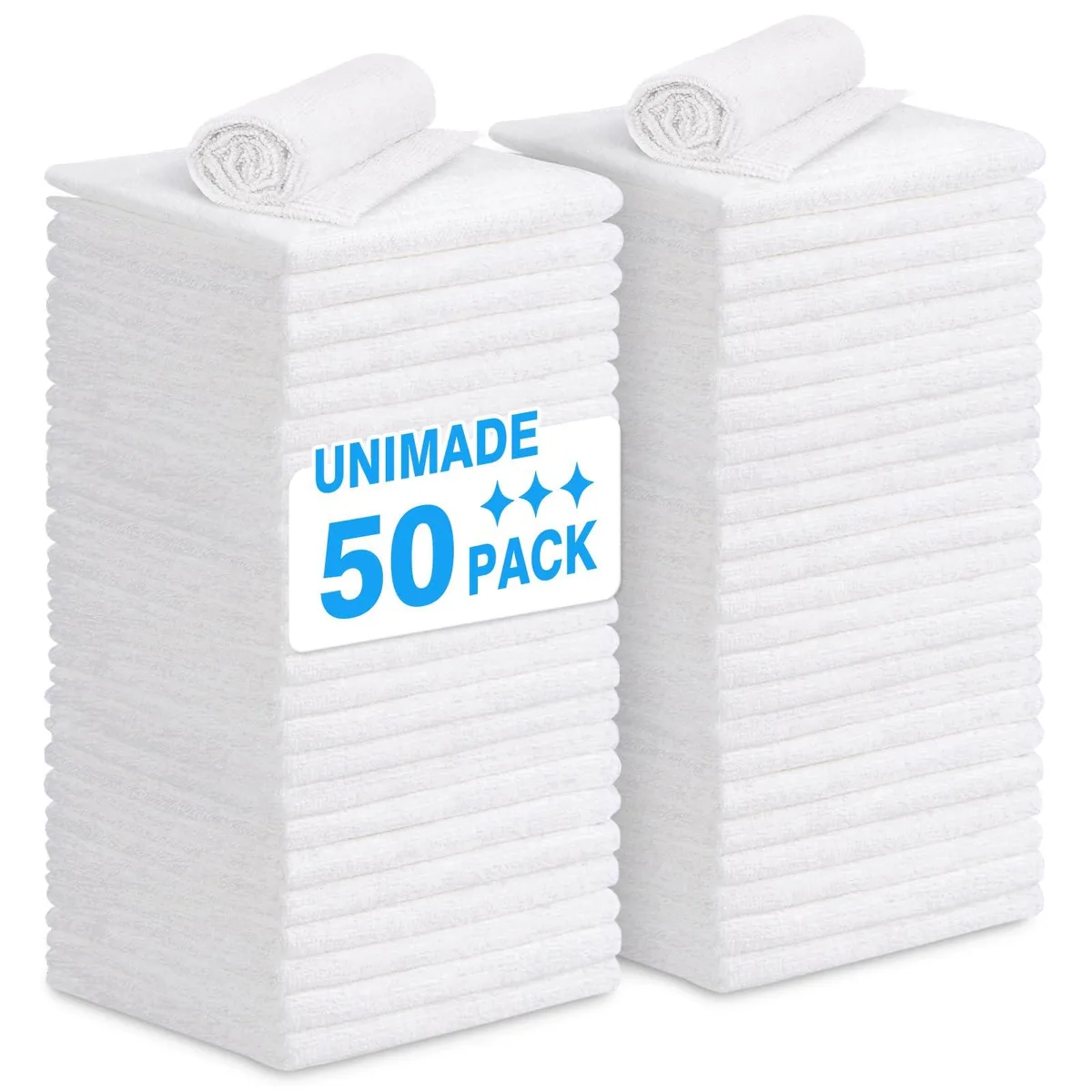 Stack of fifty white square microfiber cloths, each 11.5 inches, lint free and highly absorbent
