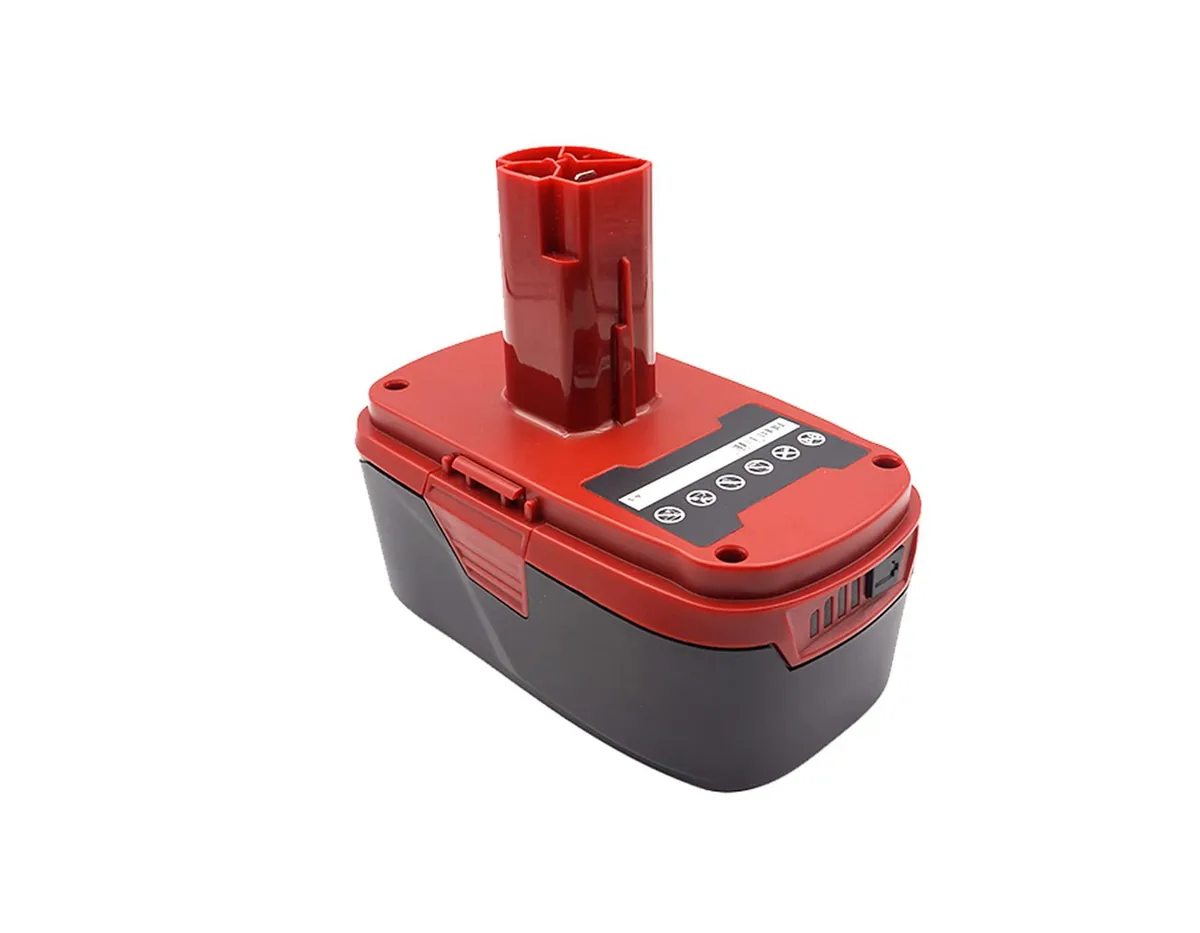 Rectangular black power-tool battery with yellow label and slide-on contacts