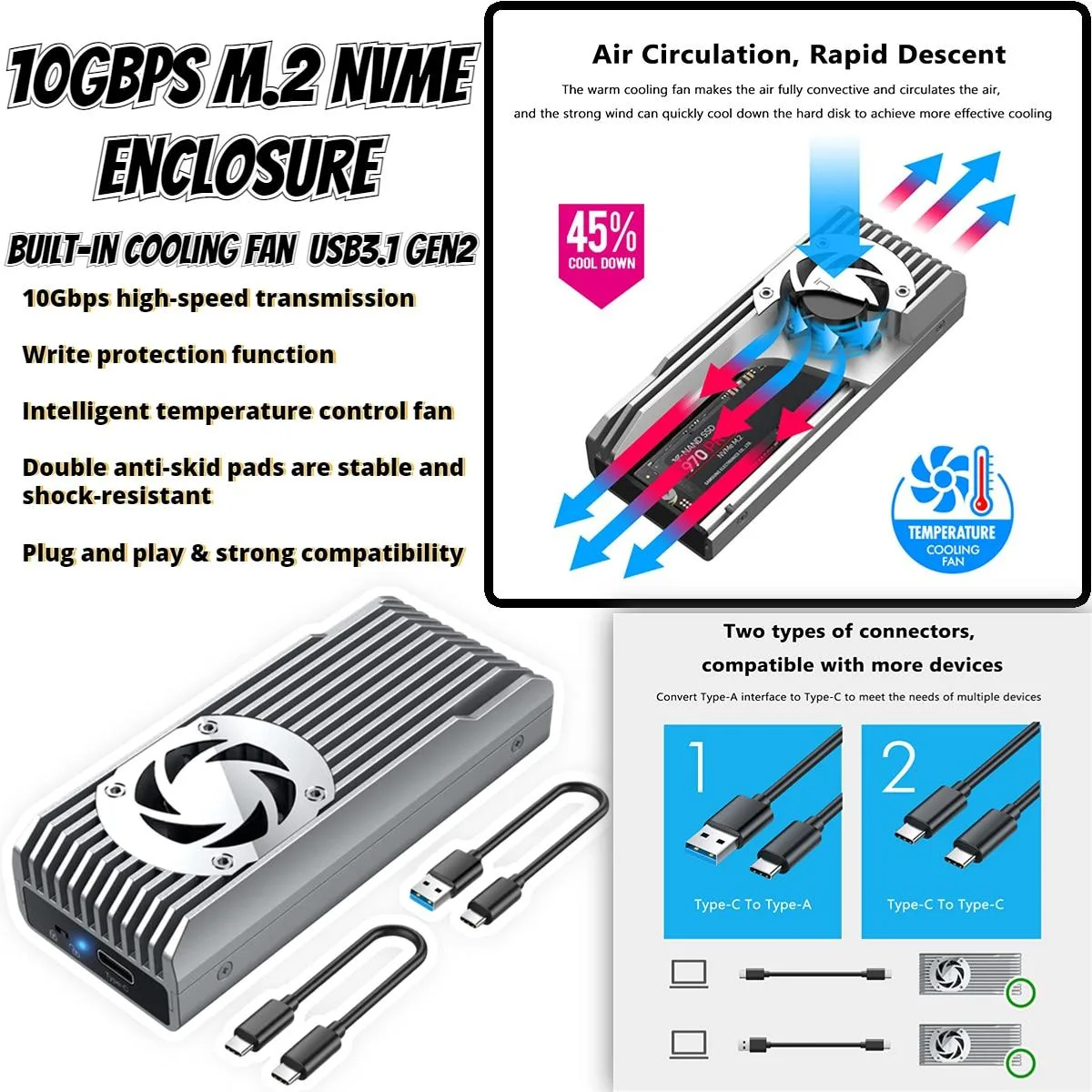 YINGHUA YINGHUA 10Gbps M.2 NVME Enclosure Fan Write Protect 2230 2242 2260 2280 — product photo