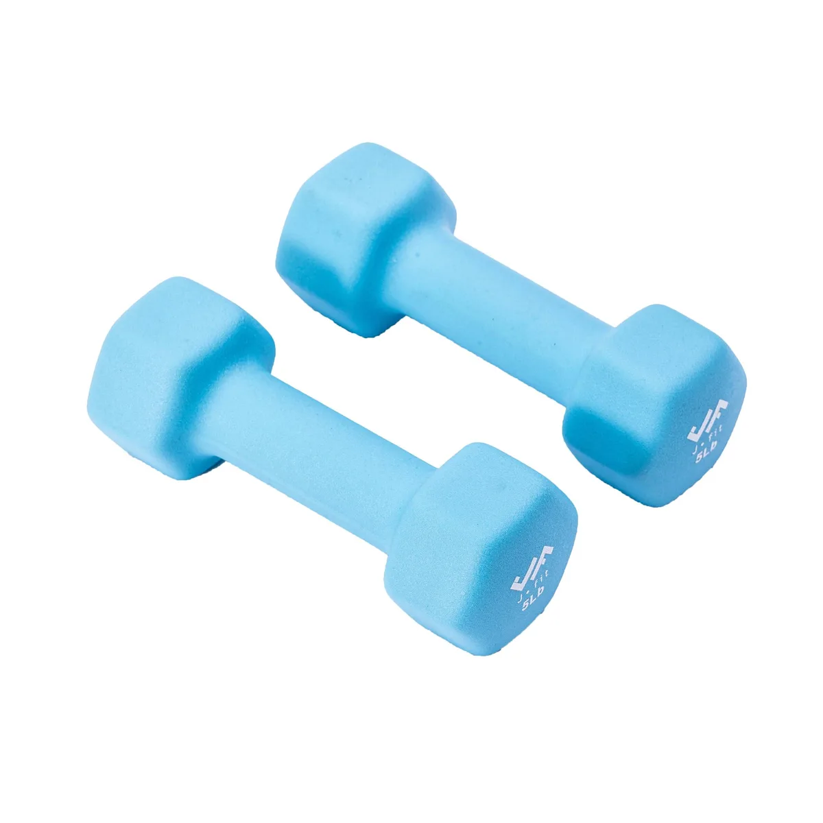 Pair of 5 lb hexagonal dumbbells with smooth neoprene coating