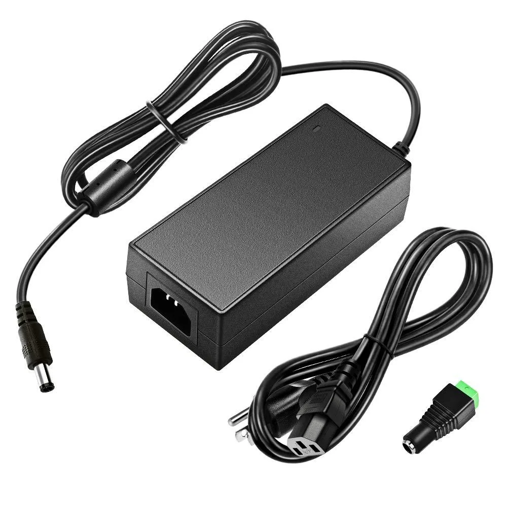 Black rectangular AC adapter with 5.5 by 2.5 mm barrel plug and detachable mains lead