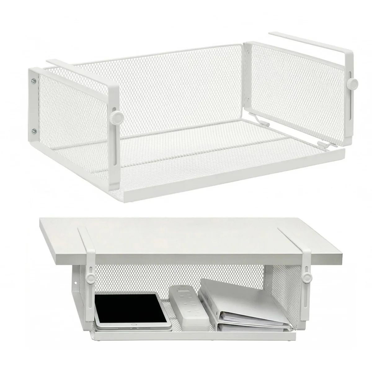 White rectangular steel cubby shelf with C-clamp mount under desk