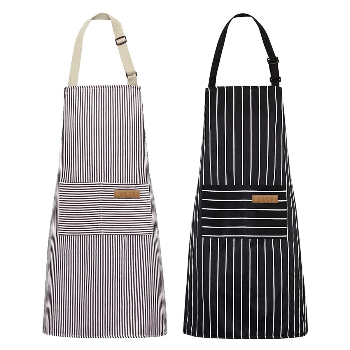 Two black and brown striped bib aprons with front pockets and adjustable neck straps