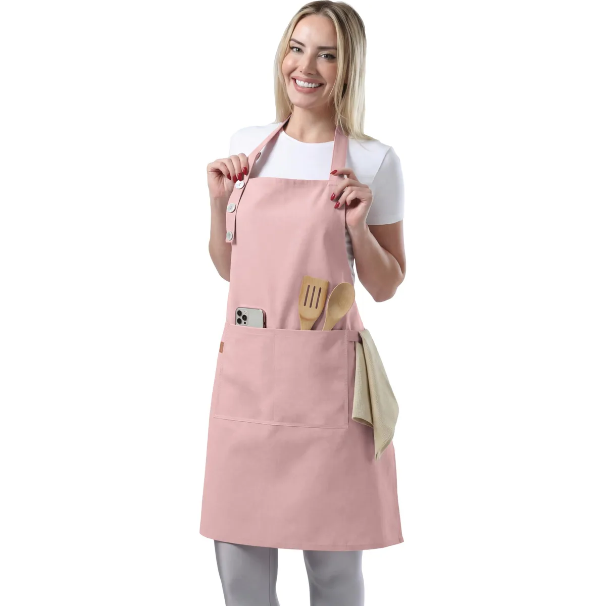 Powder pink cotton blend apron with adjustable neck strap, long waist ties and two large front pockets