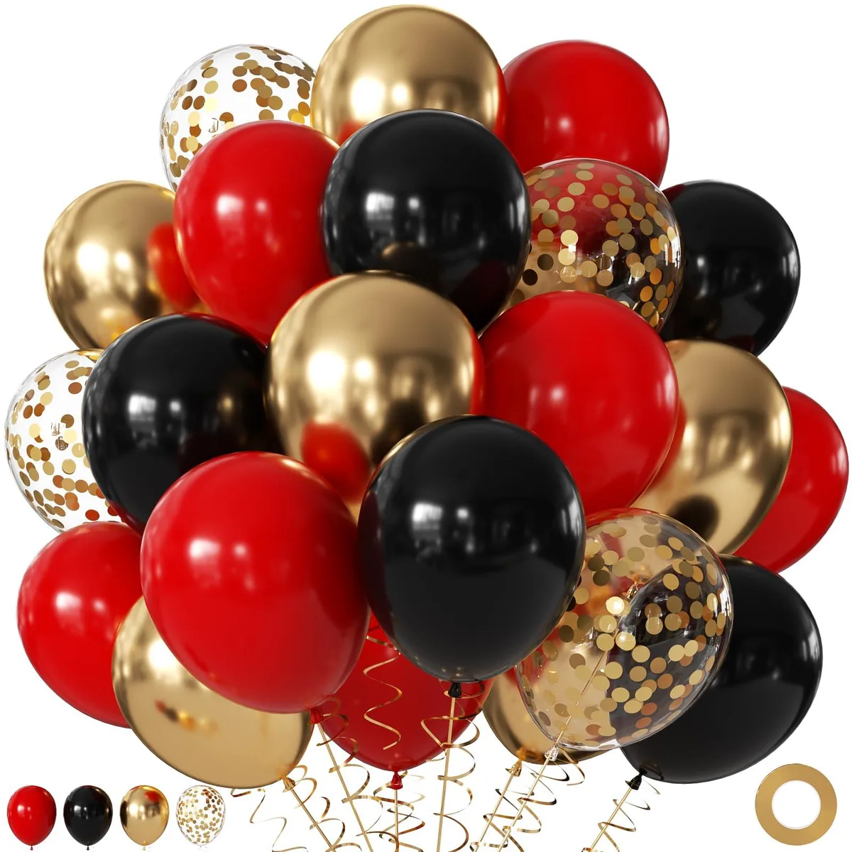 Red, black and gold latex balloons with gold confetti and curling ribbon in a flat pack