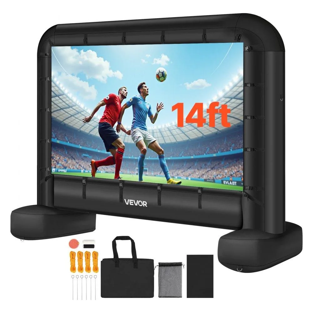 Large white rectangular projection screen on black inflatable frame with attached blower unit