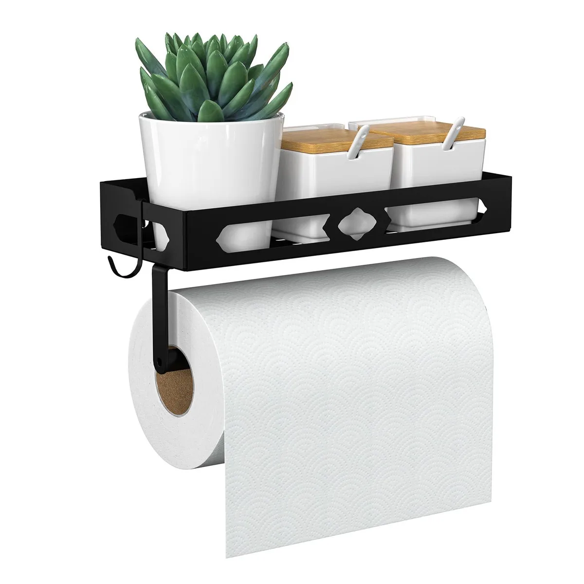 Black metal wall-mounted paper towel holder with top shelf