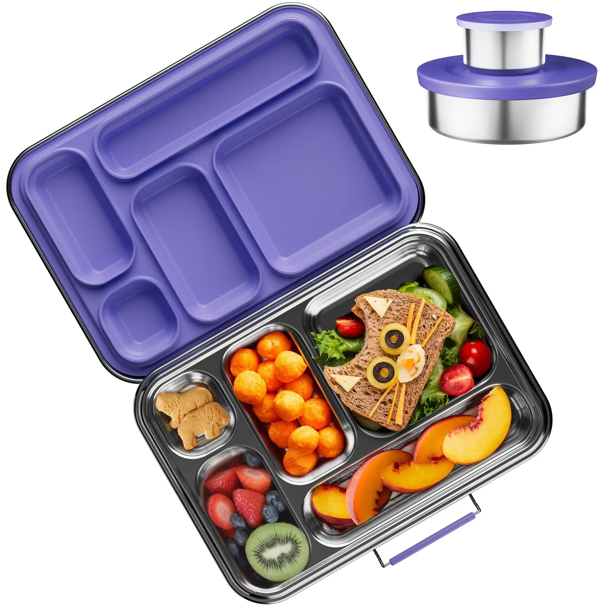 Red stainless steel bento box with five compartments and silicone seal