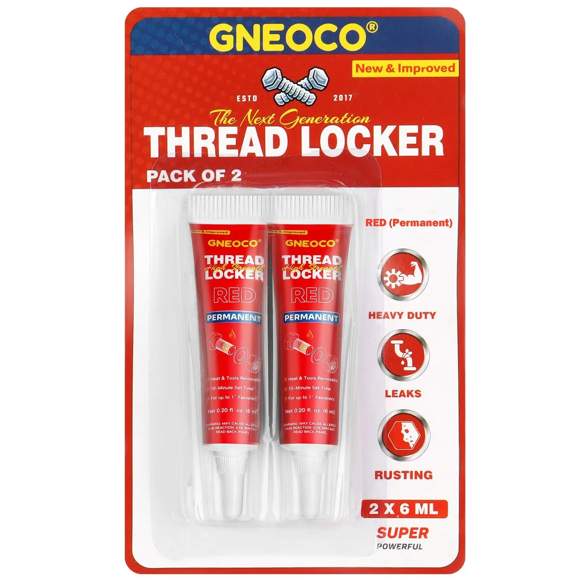 Two small red bottles of threadlocker liquid with caps