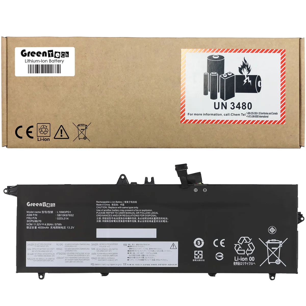 GreenTechLLC GreenTechLLC L18C3PD1 laptop battery 57WHR 11.52V 4950MAH 3-cell for ThinkPad T14s T490s T495s — product photo