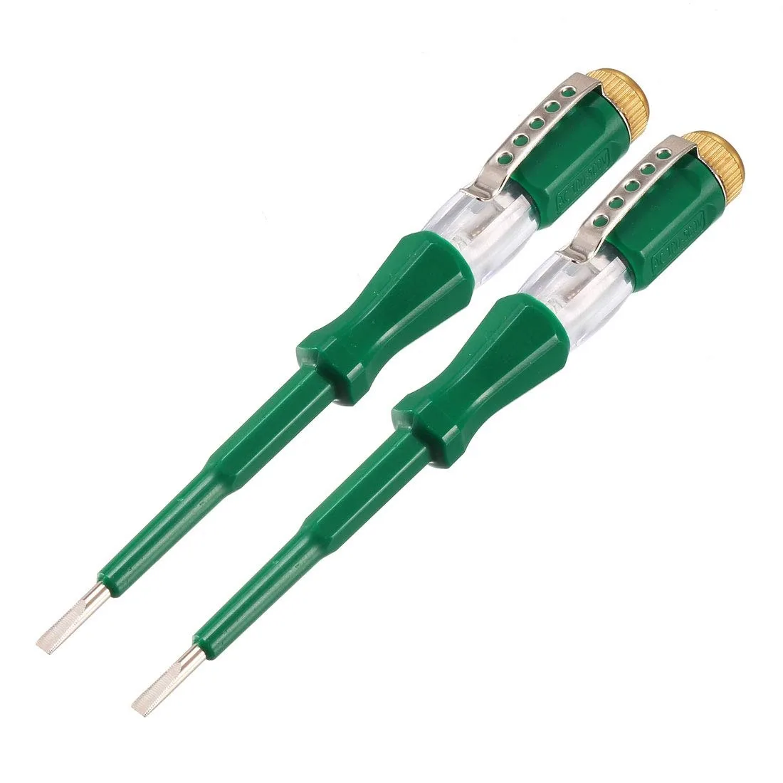 Two green voltage tester pens with 3mm slotted screwdriver tips and pocket clips