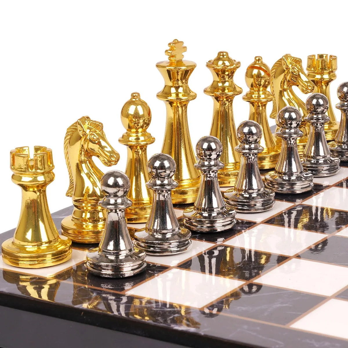  Agirlgle gunjinchess Metal Chess Set Gun Metal Grey Gold 11.5 x 11.5 x 1.6 inches — product photo