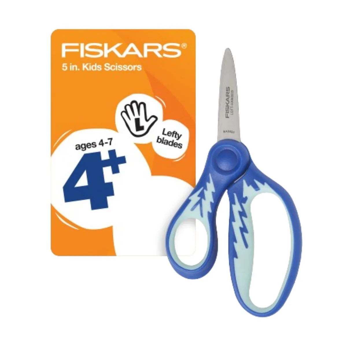 Blue 5-inch left-handed kids scissors with SoftGrip handles