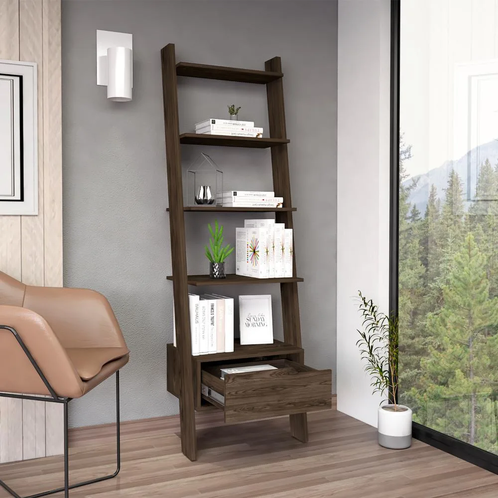 tuphen tuphen Ladder Bookcase Bull One Drawer Five Shelves Dark Walnut — product photo