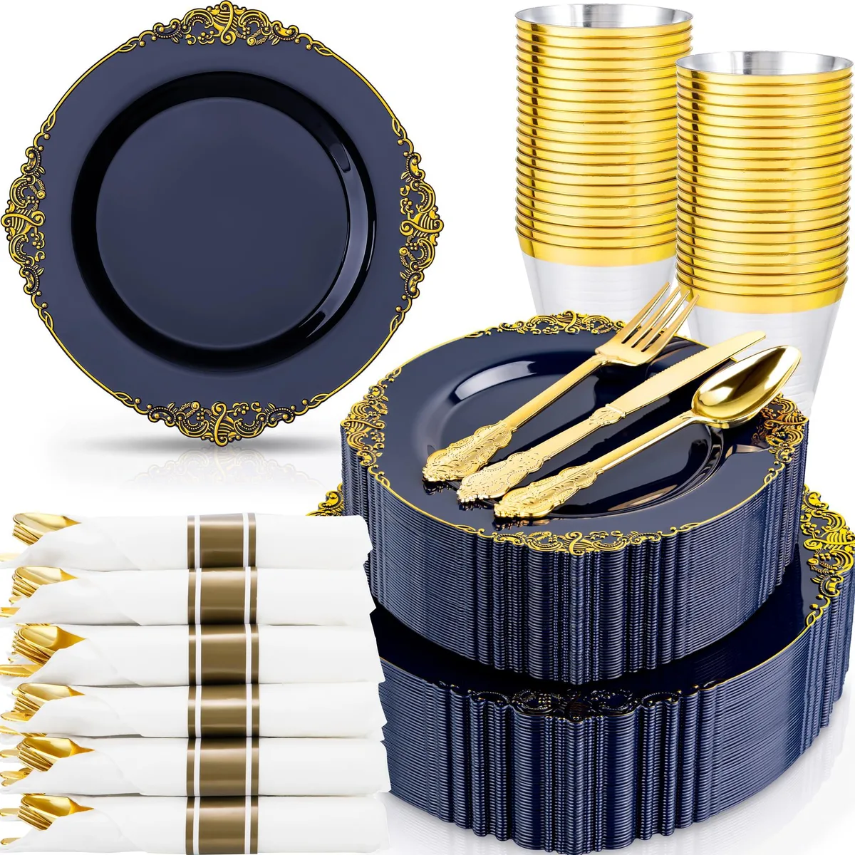 Square white ceramic plates with navy blue and gold floral rim design