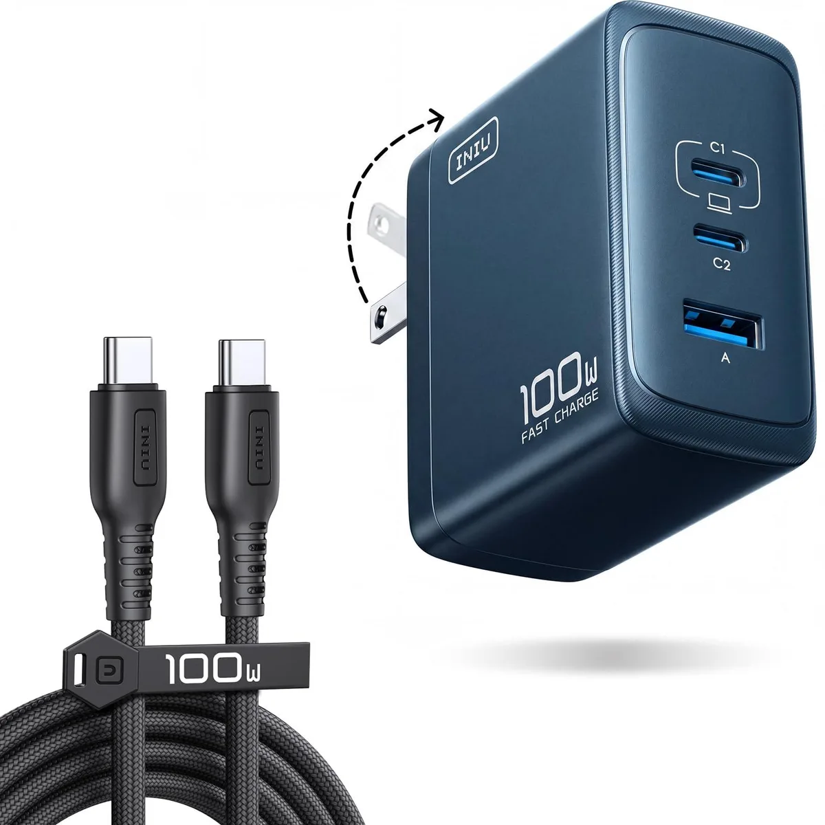 Compact blue three-port GaN charger with foldable EU plug and braided USB-C cable